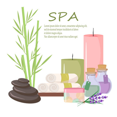 Card template for spa salon. Massage stones, oil bottles, towel and candles, lavender and cream.のイラスト素材