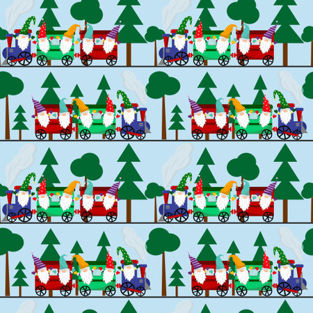 Little gnomes on a train pattern. The gnomes travel. Vector illustration.のイラスト素材