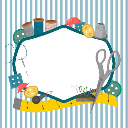 Card template with place for text for tailor. A centimeter and buttons, a thimble and scissors, a spool of thread, a pillow for pins and needles.のイラスト素材