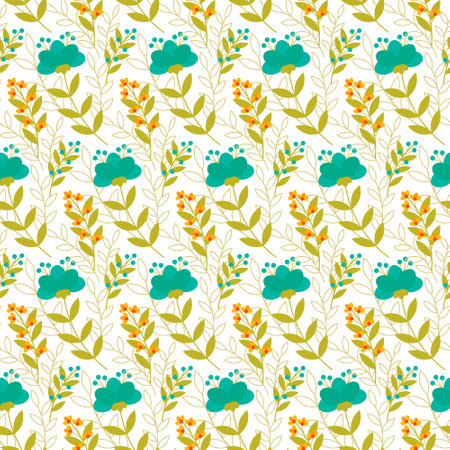Vintage floral pattern with green and yellow flowers and leaves. Stylized drawing in the style of the 70s.のイラスト素材