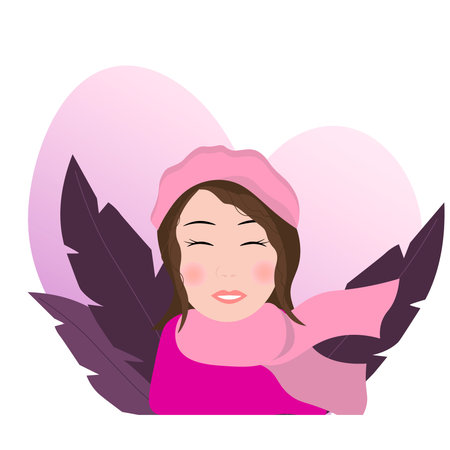 Portrait of a girl in a beret and a scarf on a background of leaves. Vector illustration.のイラスト素材
