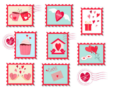 Set of postage stamps for valentines day. Vector illustration.のイラスト素材