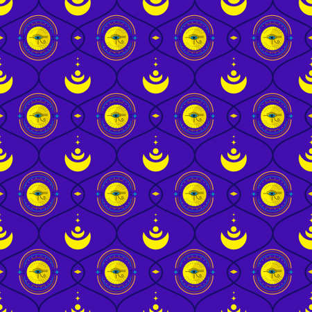 Ornament with eyes, sun and moon. The pattern is esoteric, mystical on a blue background.のイラスト素材