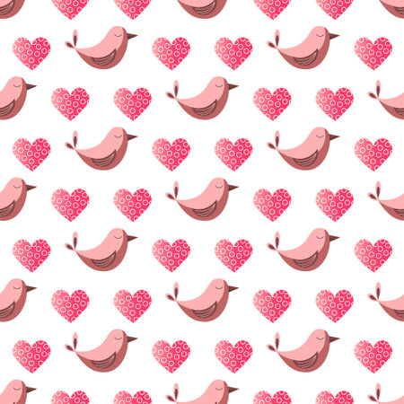 Pattern with pink hearts and birds. Festive illustration for Valentines Day, birthday, weddings.のイラスト素材