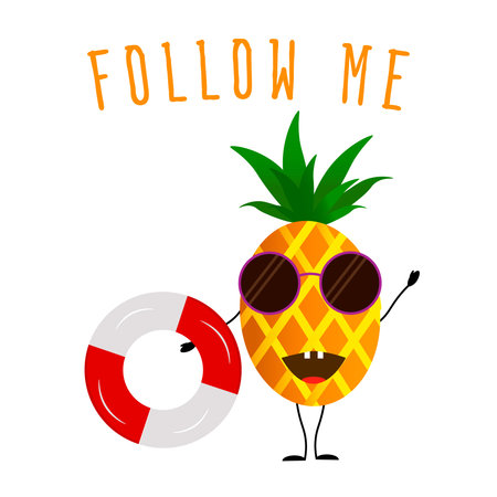 Cartoon pineapple with a Lifebuoy. Summer poster template.のイラスト素材