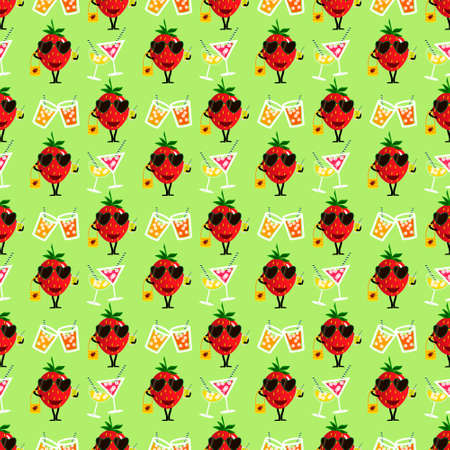 Cartoon strawberry and cocktail pattern. Summer season illustration.のイラスト素材