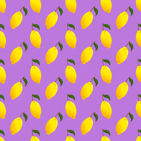 Fruit pattern with lemon on a branch. Vector illustration on a purple background.のイラスト素材