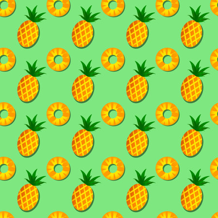 Fruit pattern with pineapple. Vector illustration on a green background.のイラスト素材