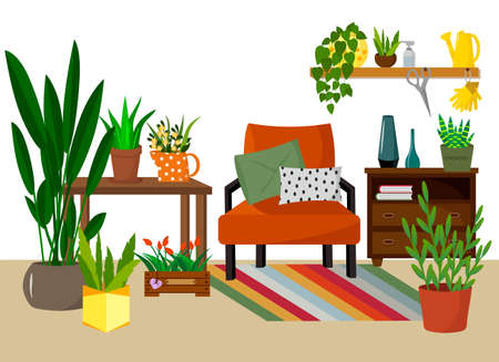 Balcony garden - chair with cushions, chest of drawers and various flowers. Place for rest with flowers and boxes for seedlings.のイラスト素材