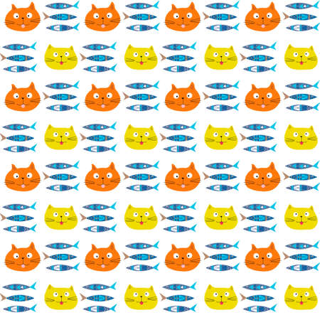 Pattern with muzzles of kittens and fish. Vector illustration isolated on white background.のイラスト素材