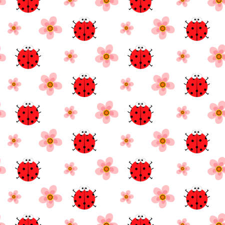 Pattern with ladybugs and pink flowers. Vector illustration isolated on white background.のイラスト素材