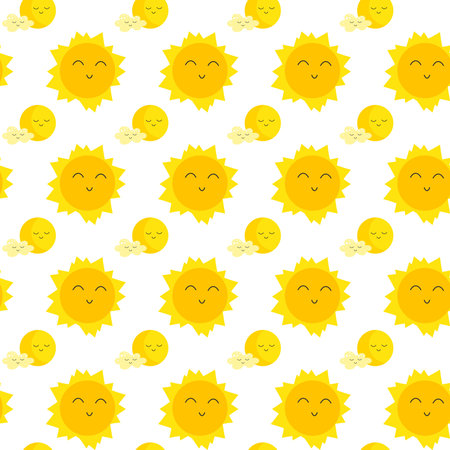 Childish cute pattern with sun and moon. Vector drawing on a white background.