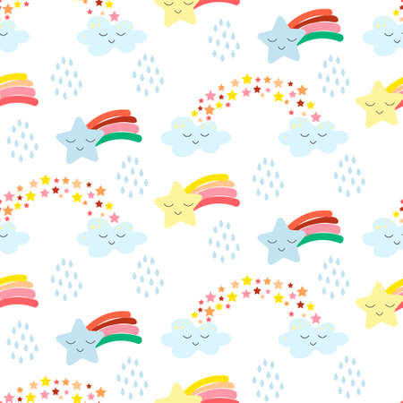 Cute pattern with rainbow, comets and rain. Vector baby illustration.のイラスト素材