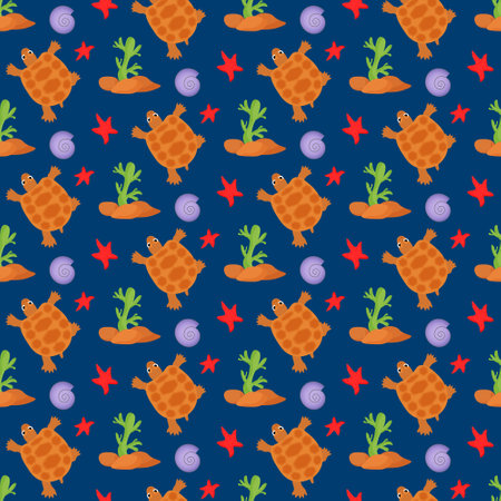 Sea turtle, sea, starfish - childrens pattern. Vector illustration on a dark background. For covers and prints, packaging materials and textiles.のイラスト素材