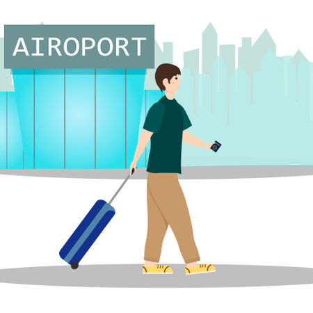 A man with a suitcase is traveling. airport building. Vector illustration isolated on white background. For advertising, booklets and brochures, flyers, postcards, web pages and social networks, other design.のイラスト素材