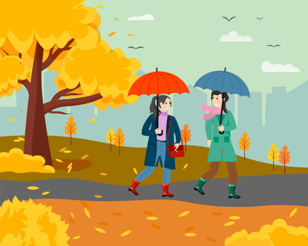 Girls, friends go through the city park under an umbrella. Urban plot with autumn trees, city and rain. Vector illustration isolated on white background. For advertising, booklets and brochures, flyers, postcards, web pages and social networks, other design.のイラスト素材