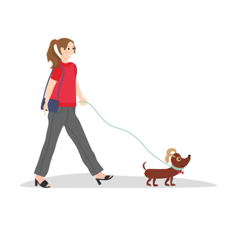 The girl takes a walk with a little s. Vector illustration isolated on white background.のイラスト素材