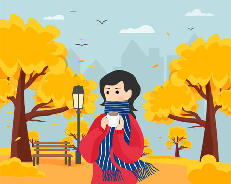 Print with a girl in a city park. Autumn Walk. Trees with yellow foliage, city, bench and lantern. vector drawing. For print and posters, packaging and covers, promotional flyers and brochures, social media and web pages, websites.のイラスト素材