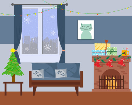 Festive Christmas atmosphere. Attributes of winter holidays. Cozy interior with a sofa, a fireplace with gifts and a window. Season of preparation for the holidays. For prints, flyers, brochures, web pages and social networks. Vectorのイラスト素材