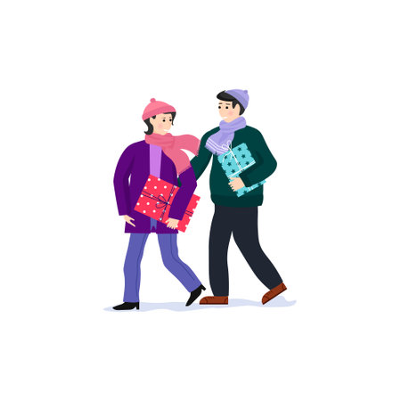 People walk with gifts. Vector illustration. The concept of preparing for the winter season.のイラスト素材