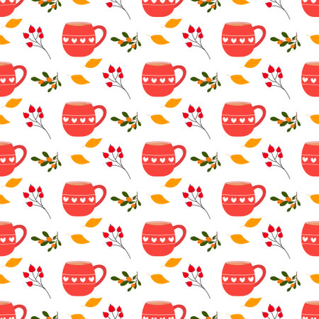 A cup with a hot drink, berries and autumn leaves. Seamless pattern. Vector illustration.のイラスト素材