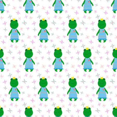 Cute cartoon frog in a crown and a dragonfly. Cheerful vector illustration.のイラスト素材