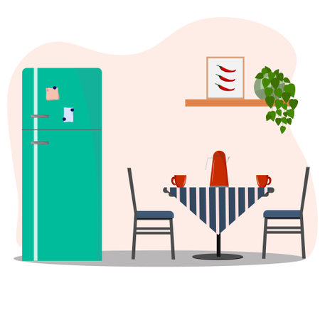 Kitchen corner interior - refrigerator, table and chairs.のイラスト素材