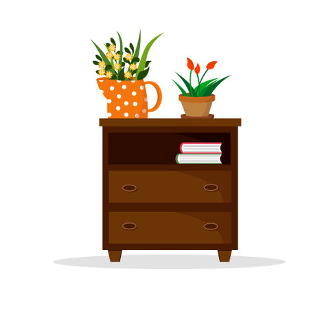 Wooden curbstone with a watering can, a bouquet and a flower pot. Vector illustration.のイラスト素材