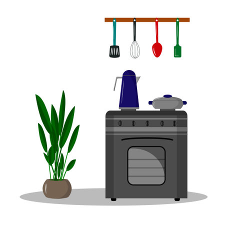 Kitchen items - stove, kettle and utensils for cooking.のイラスト素材