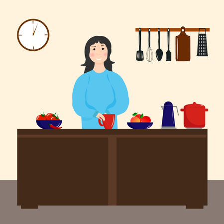 Girl in the kitchen with a cup. Kitchen utensils - kettle, saucepan, spatulas for cooking. Vector illustration.のイラスト素材