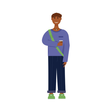 A young African student stands with a glass of coffee in his hand. Vector illustration.
