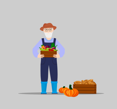 Grandfather is holding a box with various vegetables. Harvesting - tomatoes and peppers, zucchini, eggplant and carrots. vector illustration. Template for flyers, shops, brochures and covers, advertising, social networks and banners.のイラスト素材