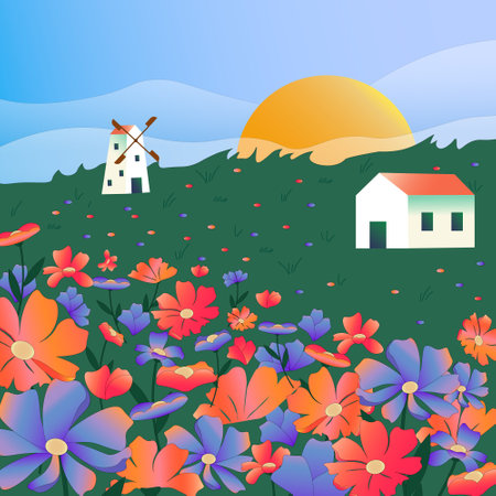 Summer flower landscape with a windmill and a house. Multi-colored flower field.のイラスト素材