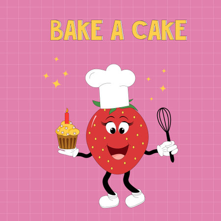 Cartoon strawberry with cake and whisk. Vector illustration of fruit mascot characters.のイラスト素材