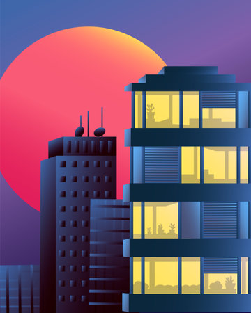 Panorama of the night city. Skyscrapers against the backdrop of the moon and dark sky.のイラスト素材