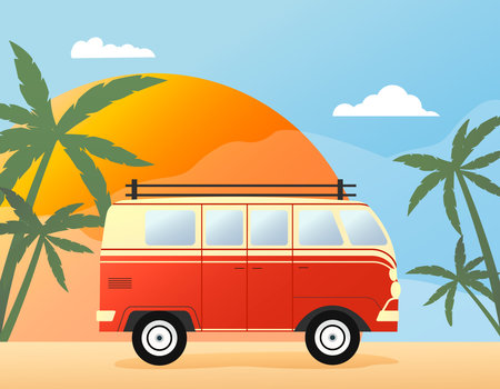 Red bus against the backdrop of palm trees and the sun. Poster template. Summer travel.のイラスト素材