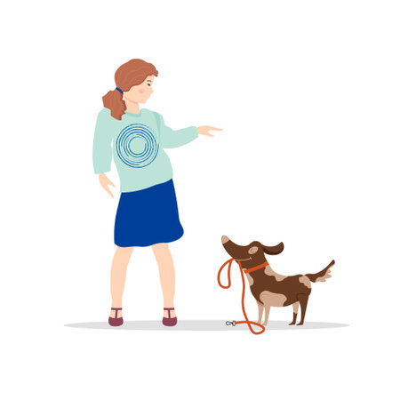 The girl plays with the dog. The dog calls for a walk. Vector illustration with pets.のイラスト素材