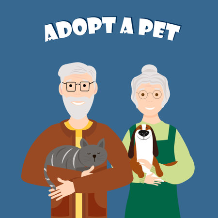 Grandfather and grandmother with pets. Adopt a dog or cat from a shelter. Vector illustration with animals.のイラスト素材