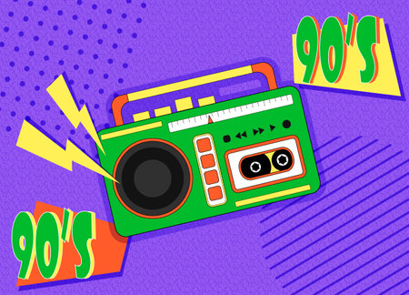 Bright vintage poster with cassette recorder. Vintage retro textures and graphics.のイラスト素材