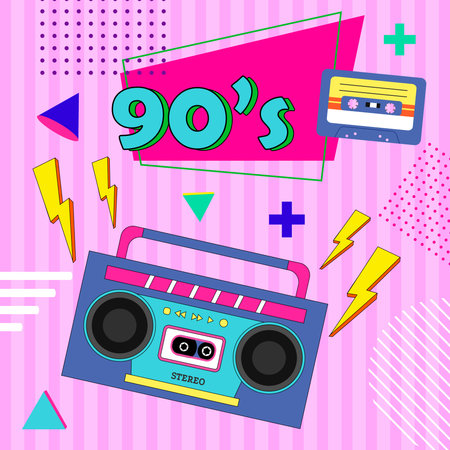 Vintage retro poster from the 90s and 80s. Tape recorder and cassettes. Vintage textures and graphics.のイラスト素材