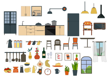 Set of elements for kitchen interior design. Kitchen furniture, table and chairs, refrigerator, shelves and cupboards with utensils. Vector.のイラスト素材