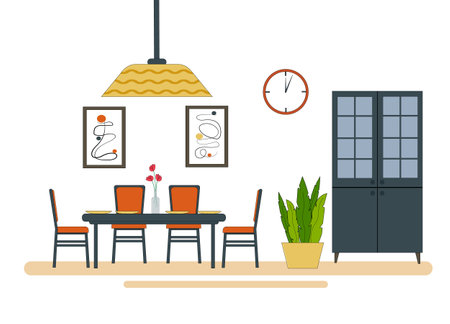 Dining room interior. Furniture - a table and chairs, paintings on the wall, a chandelier and a sideboard with crockery.のイラスト素材