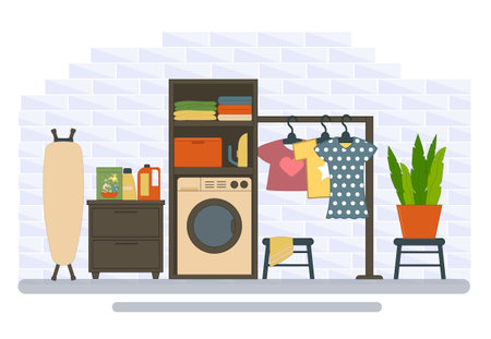 Illustration of the interior of a home laundry.のイラスト素材