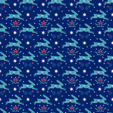 Pattern with a running hare. Floral ornament. Ethnic folk style. Ornamental plants from leaves and berries.のイラスト素材