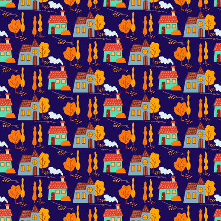 Cartoon houses, autumn trees and road. Pattern on a blue background. Vector.のイラスト素材