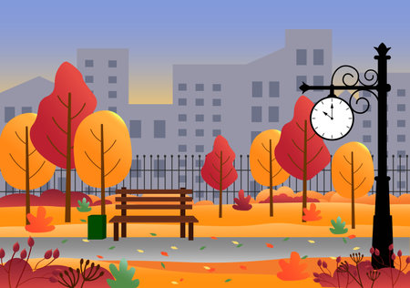 Autumn city park. Clocks, trees and benches. Sunny day. Urban landscape.のイラスト素材