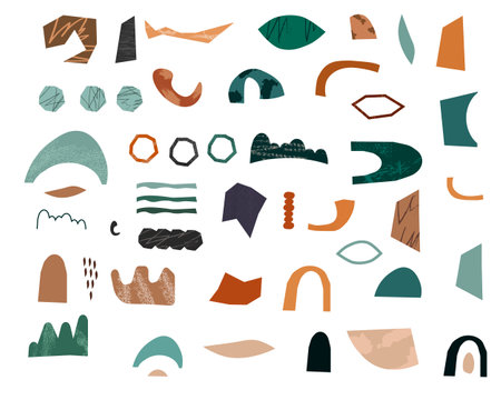 Set of multicolored abstract shapes and spots with textures.のイラスト素材