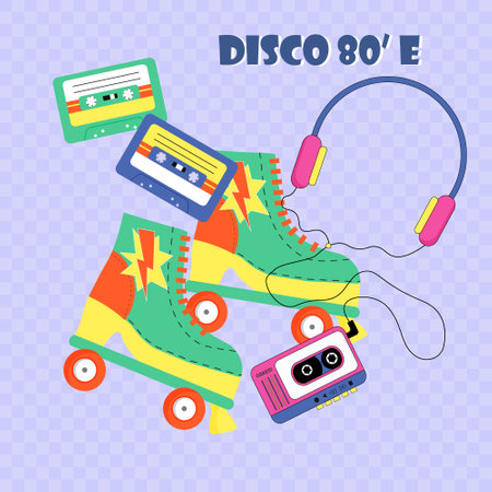 Poster with roller skates, cassette tapes and headphones. Retro style.のイラスト素材