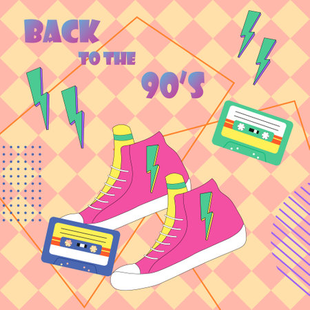 Poster with sneakers and tape cassettes. Retro style with Memphis elements. Vector on color background.のイラスト素材