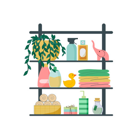 Shower accessories are on the shelf. Fragment of a bathroom interior. Shower gel, soap, duck and towels, cosmetics and plants.のイラスト素材